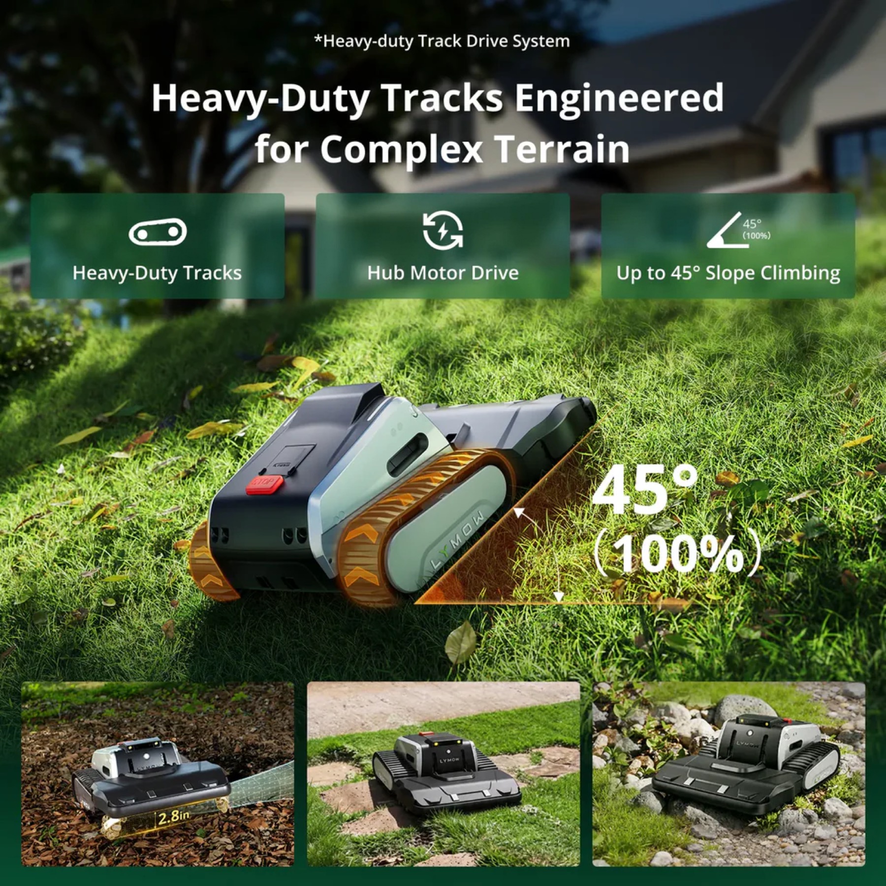 Lymow One Plus heavy-duty tracks climbing a slope
