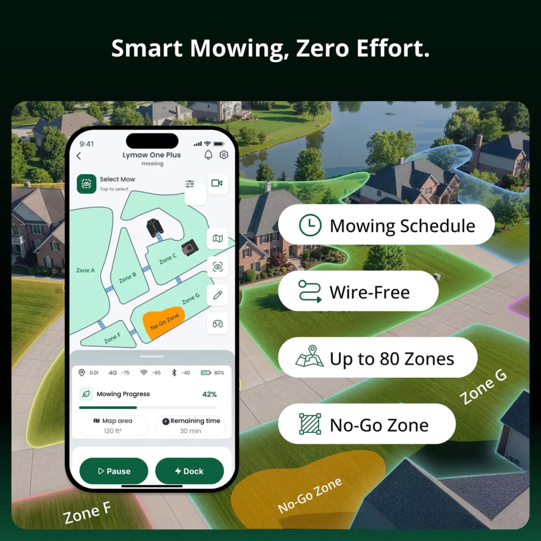 Lymow One Plus app showing mowing zones and schedule